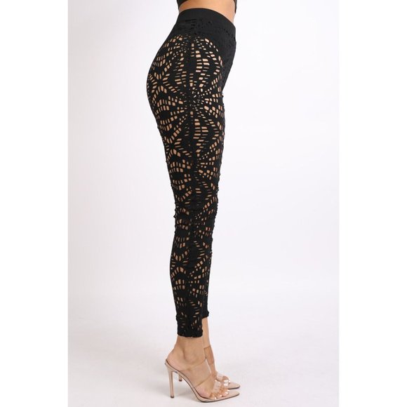 Women's Sexy Black Laser Cut Leggings Comfy Lightweight Quick Dry Silky - Picture 13 of 16